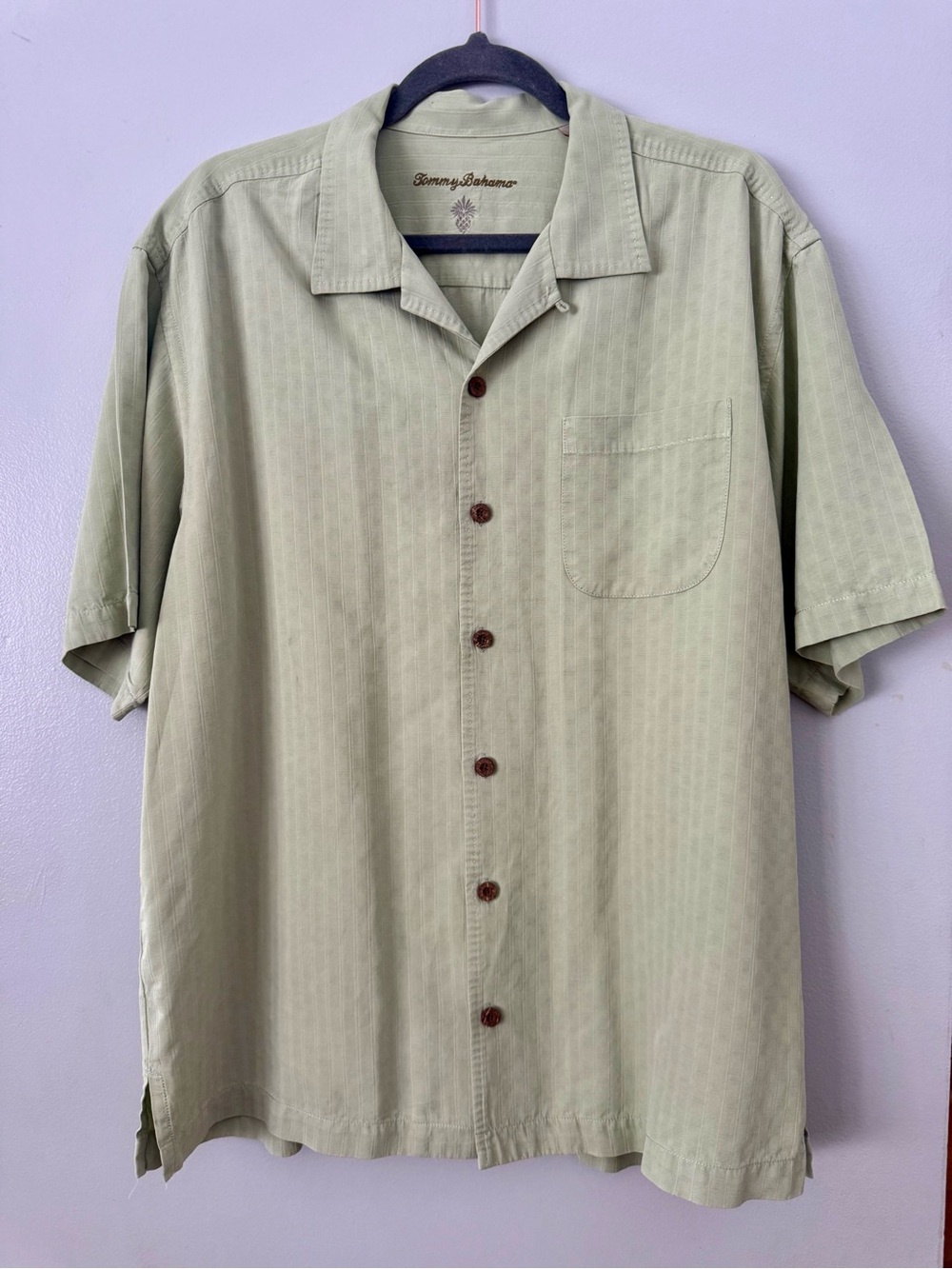 Tommy Bahama 100% Silk Shadow Stripe Camp Shirt - Sage Green